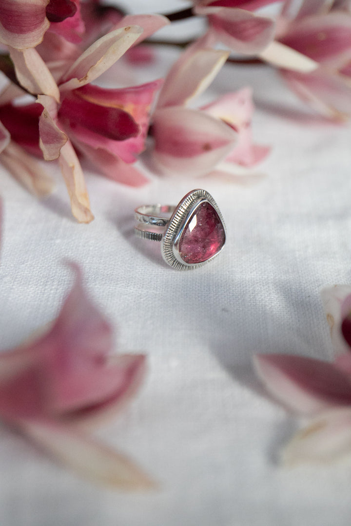 Rose Cut Pink Tourmaline Ring in Unique Sterling Silver Setting - Size 8 US
