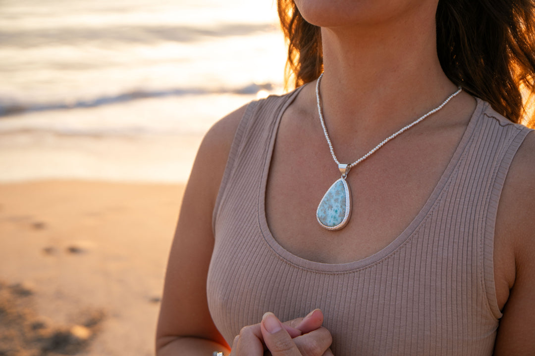 Larimar Pendant in Unique Bezel Silver Setting