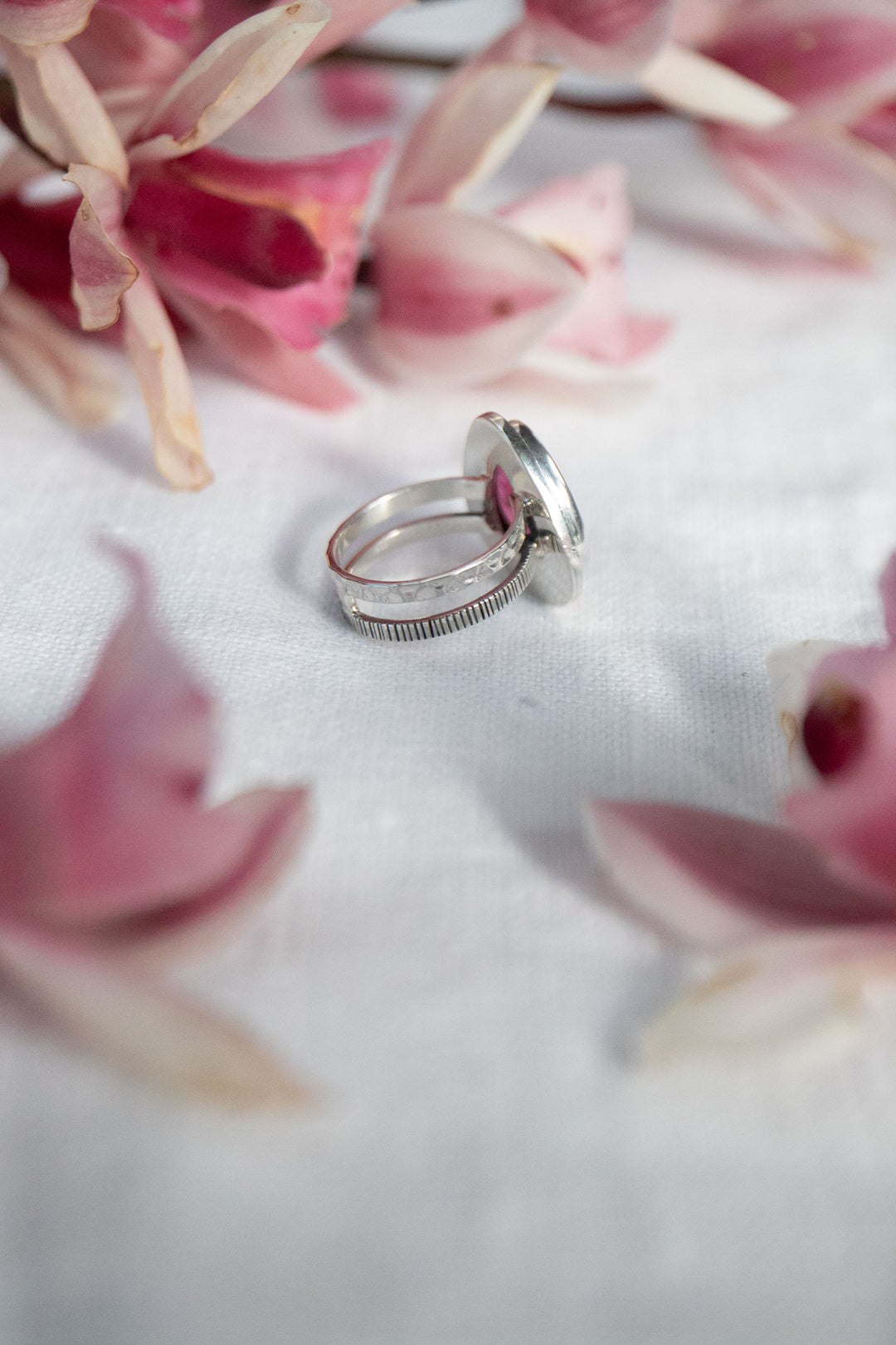 Rose Cut Pink Tourmaline Ring in Unique Sterling Silver Setting - Size 8 US
