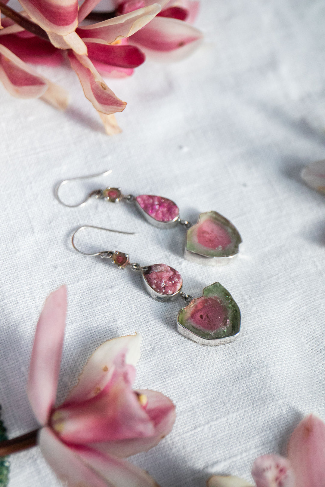 One of a Kind Raw and Rose Cut Watermelon Tourmaline and Cobalto Calcite Drop Earrings in Sterling Silver