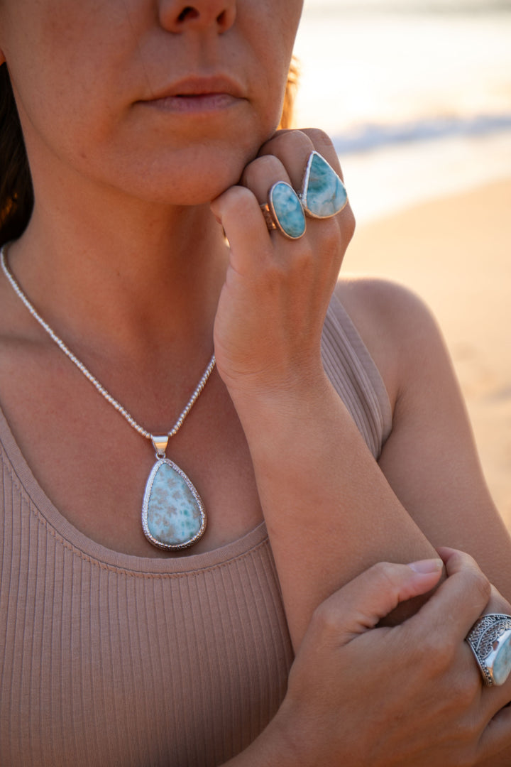 Larimar Pendant in Unique Bezel Silver Setting