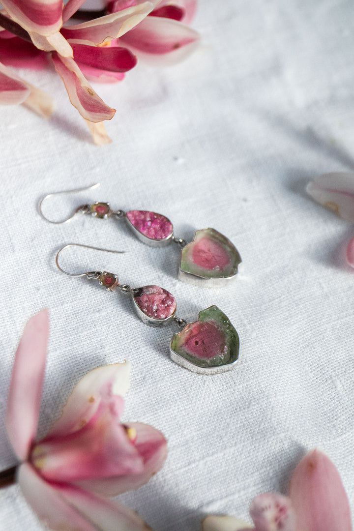 One of a Kind Raw and Rose Cut Watermelon Tourmaline and Cobalto Calcite Drop Earrings in Sterling Silver