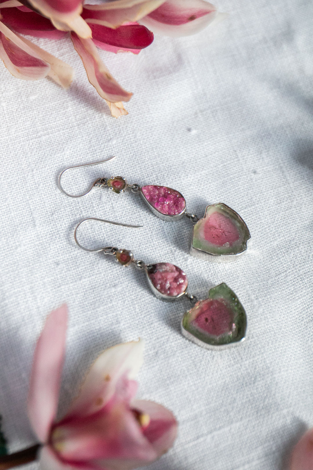 One of a Kind Raw and Rose Cut Watermelon Tourmaline and Cobalto Calcite Drop Earrings in Sterling Silver