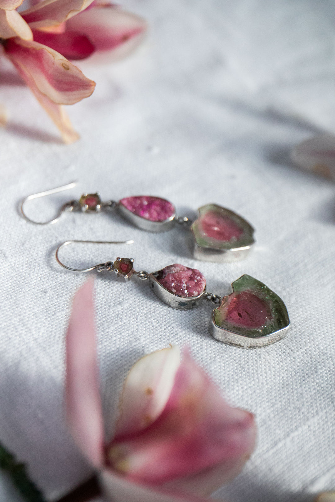 One of a Kind Raw and Rose Cut Watermelon Tourmaline and Cobalto Calcite Drop Earrings in Sterling Silver