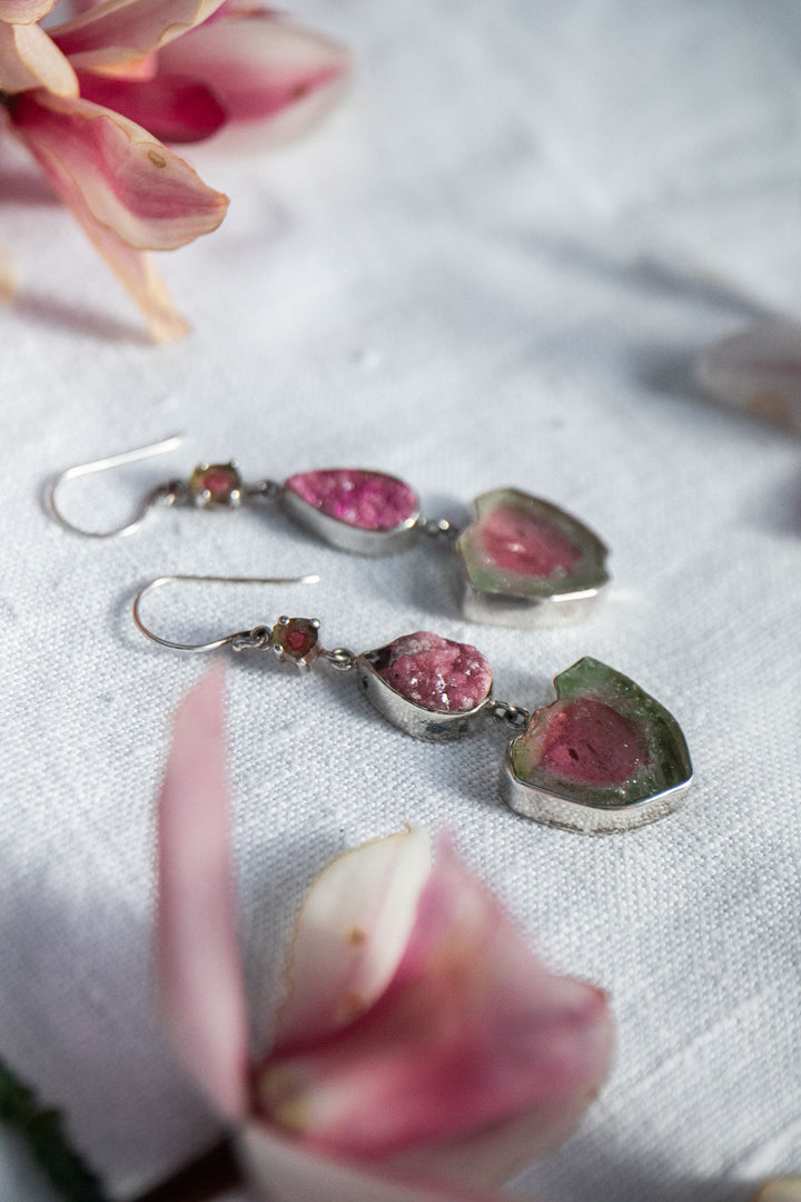 One of a Kind Raw and Rose Cut Watermelon Tourmaline and Cobalto Calcite Drop Earrings in Sterling Silver