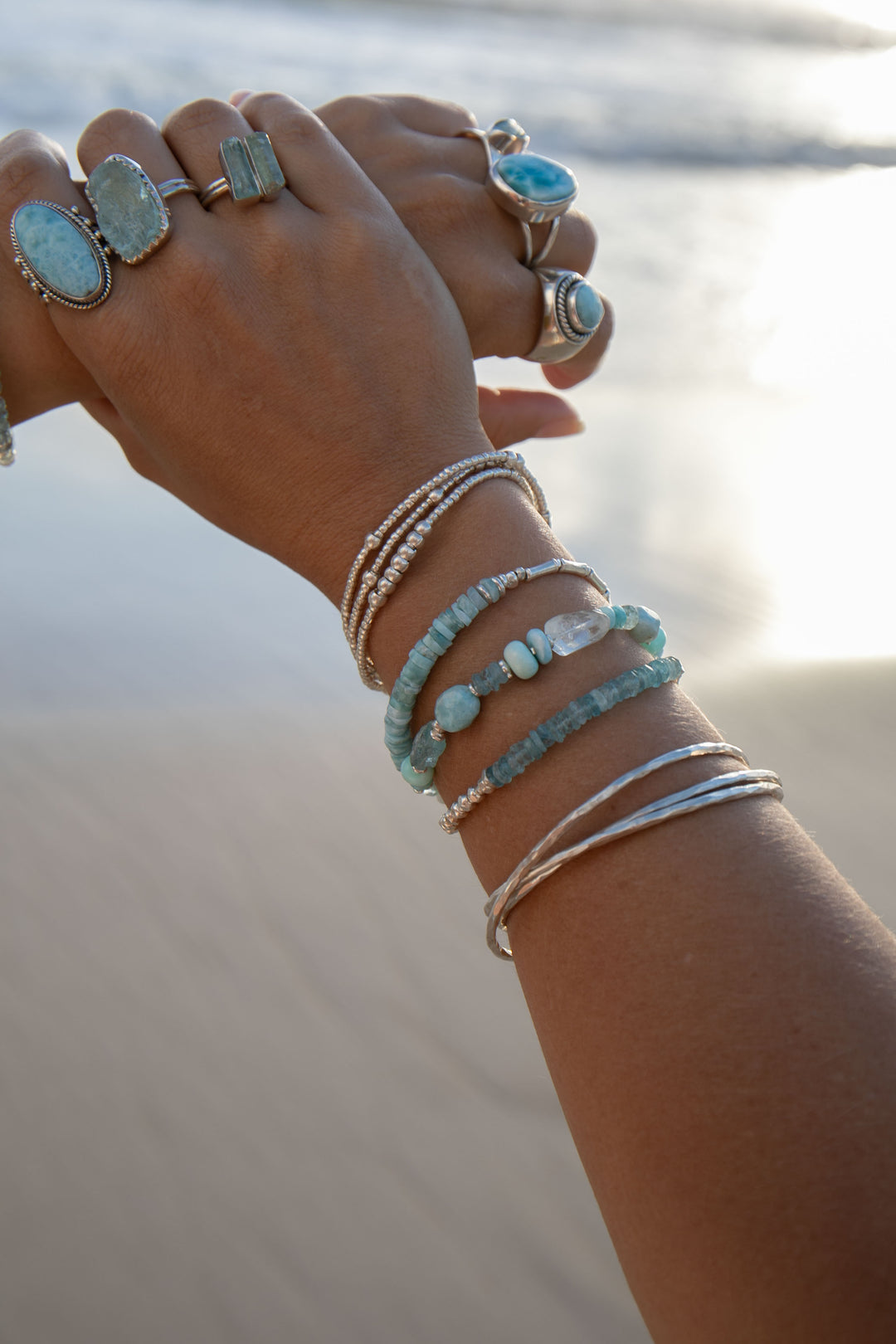 Aquamarine, Larimar, Peruvian Opal Bracelet with Hill Tribe Silver Beads