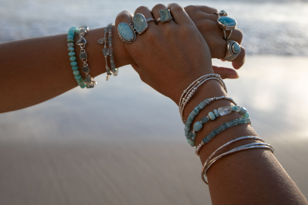 Aquamarine, Larimar, Peruvian Opal Bracelet with Hill Tribe Silver Beads