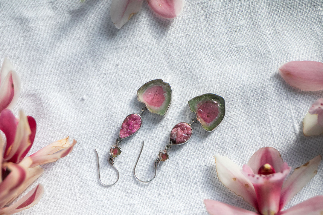One of a Kind Raw and Rose Cut Watermelon Tourmaline and Cobalto Calcite Drop Earrings in Sterling Silver
