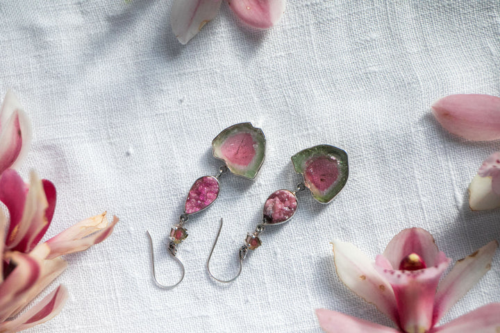 One of a Kind Raw and Rose Cut Watermelon Tourmaline and Cobalto Calcite Drop Earrings in Sterling Silver