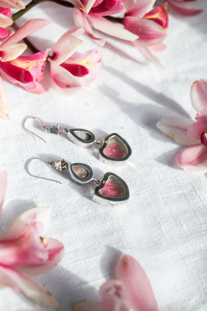 One of a Kind Raw and Rose Cut Watermelon Tourmaline and Cobalto Calcite Drop Earrings in Sterling Silver