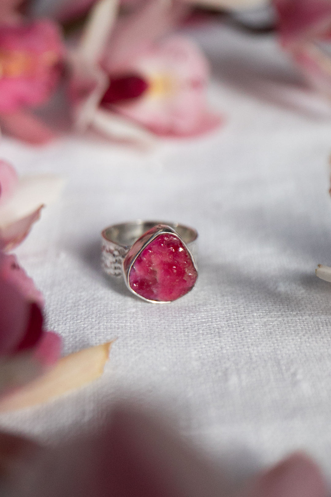 Raw Ruby Ring in Beaten Sterling Silver Setting - Size 7 US