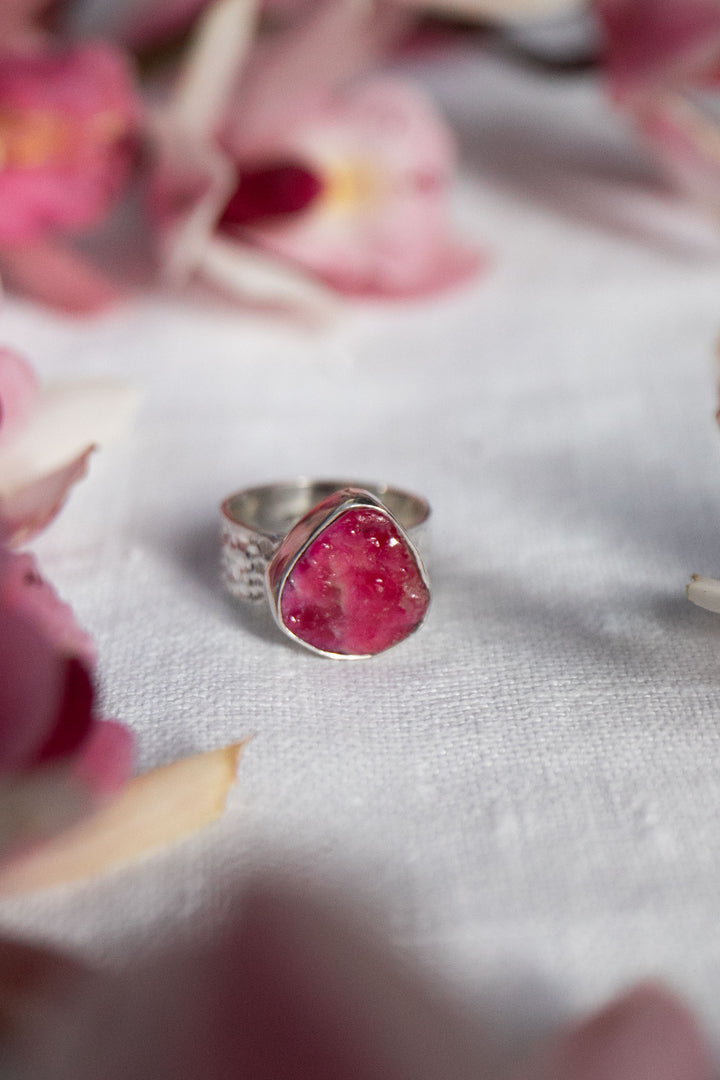 Raw Ruby Ring in Beaten Sterling Silver Setting - Size 7 US