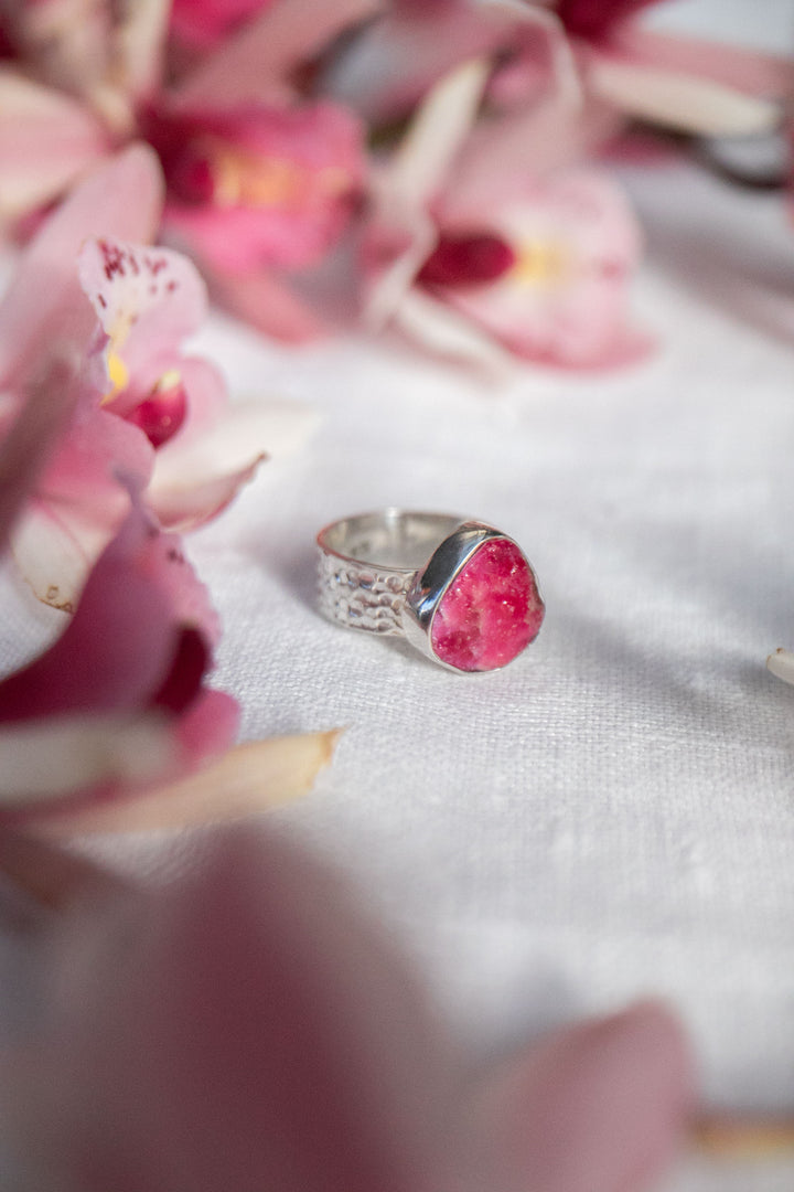 Raw Ruby Ring in Beaten Sterling Silver Setting - Size 7 US