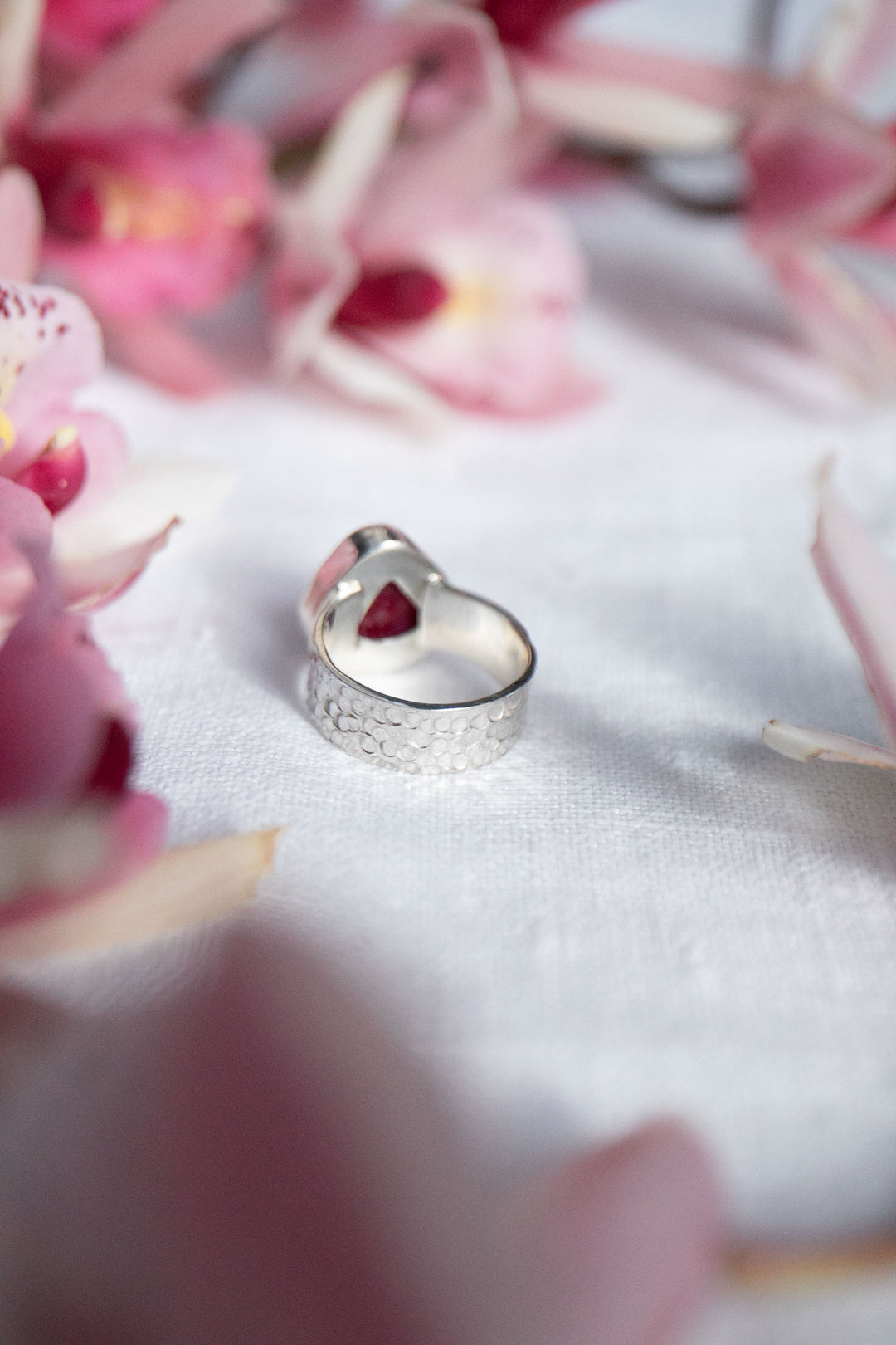 Raw Ruby Ring in Beaten Sterling Silver Setting - Size 7 US