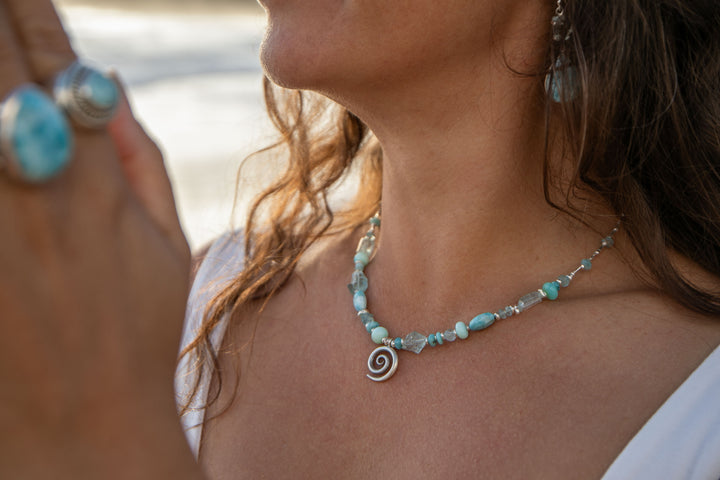 Aquamarine, Larimar, Peruvian Opal Necklace with Hill Tribe Silver Beads and Spiral Pendant