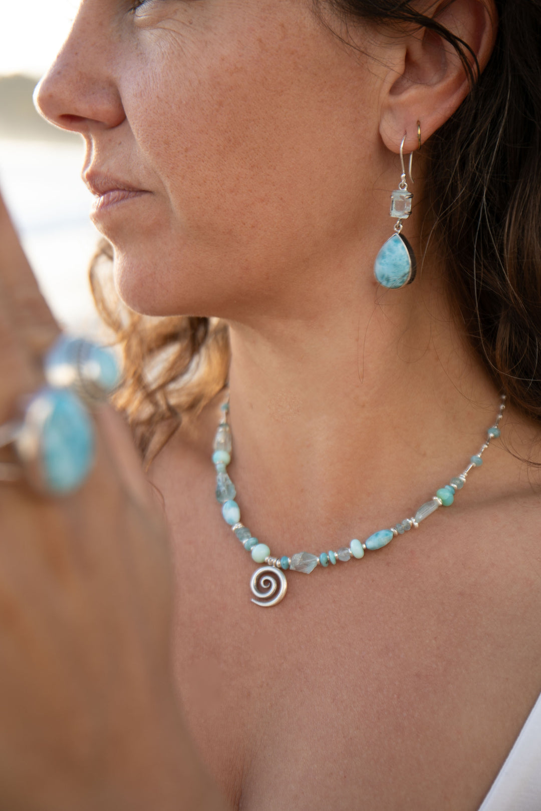 Aquamarine, Larimar, Peruvian Opal Necklace with Hill Tribe Silver Beads and Spiral Pendant