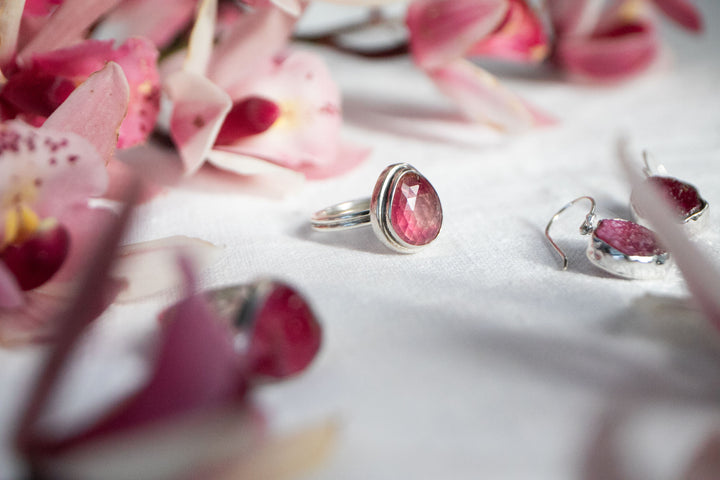 Rose Cut Pink Tourmaline Ring in Bezel Sterling Silver Setting - Size 9 US