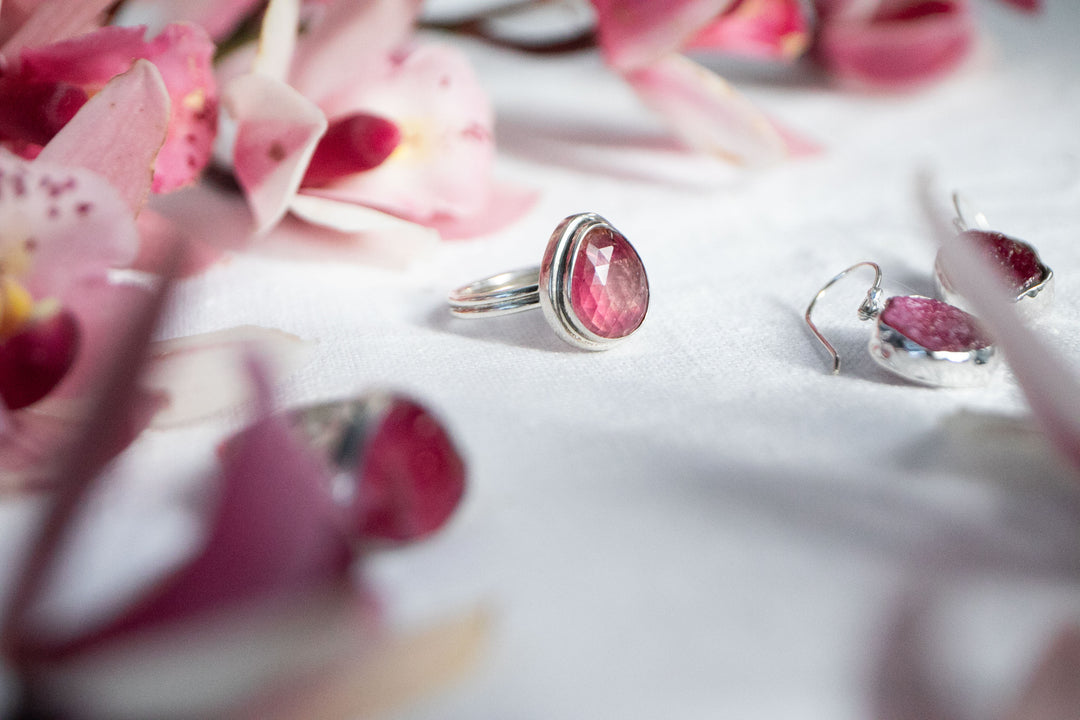 Rose Cut Pink Tourmaline Ring in Bezel Sterling Silver Setting - Size 9 US