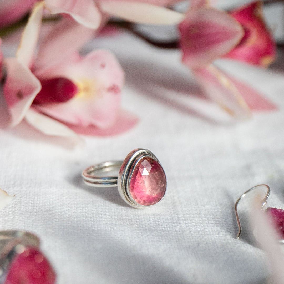 Rose Cut Pink Tourmaline Ring in Bezel Sterling Silver Setting - Size 9 US
