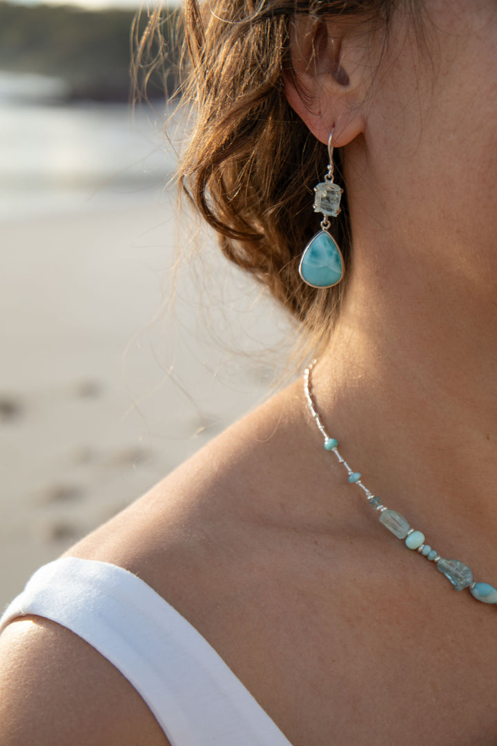 Larimar and Raw Aquamarine Earrings set in Sterling Silver