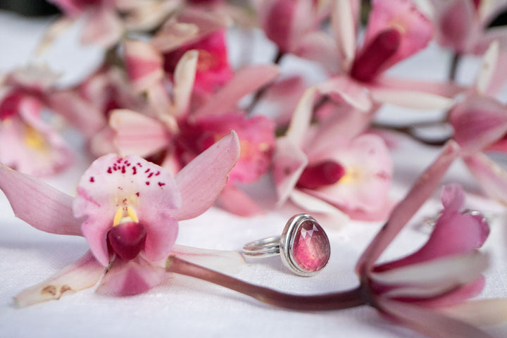 Rose Cut Pink Tourmaline Ring in Bezel Sterling Silver Setting - Size 9 US