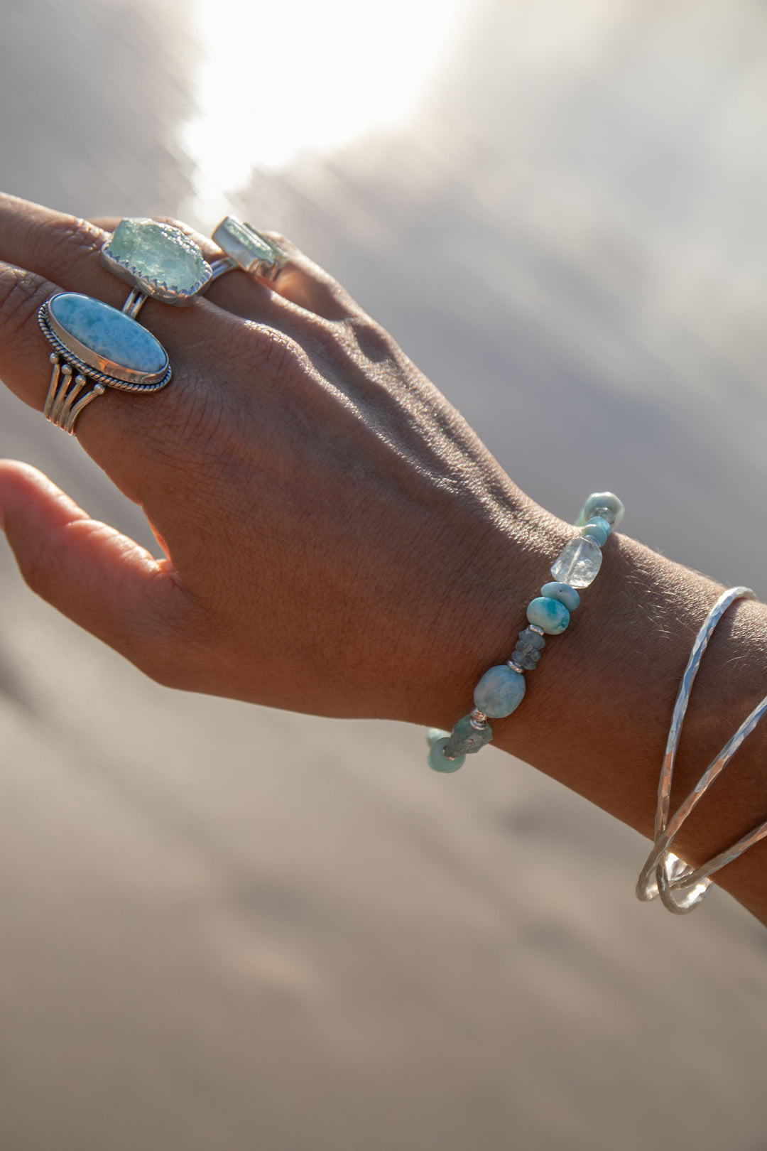 Aquamarine, Larimar, Peruvian Opal Bracelet with Hill Tribe Silver Beads