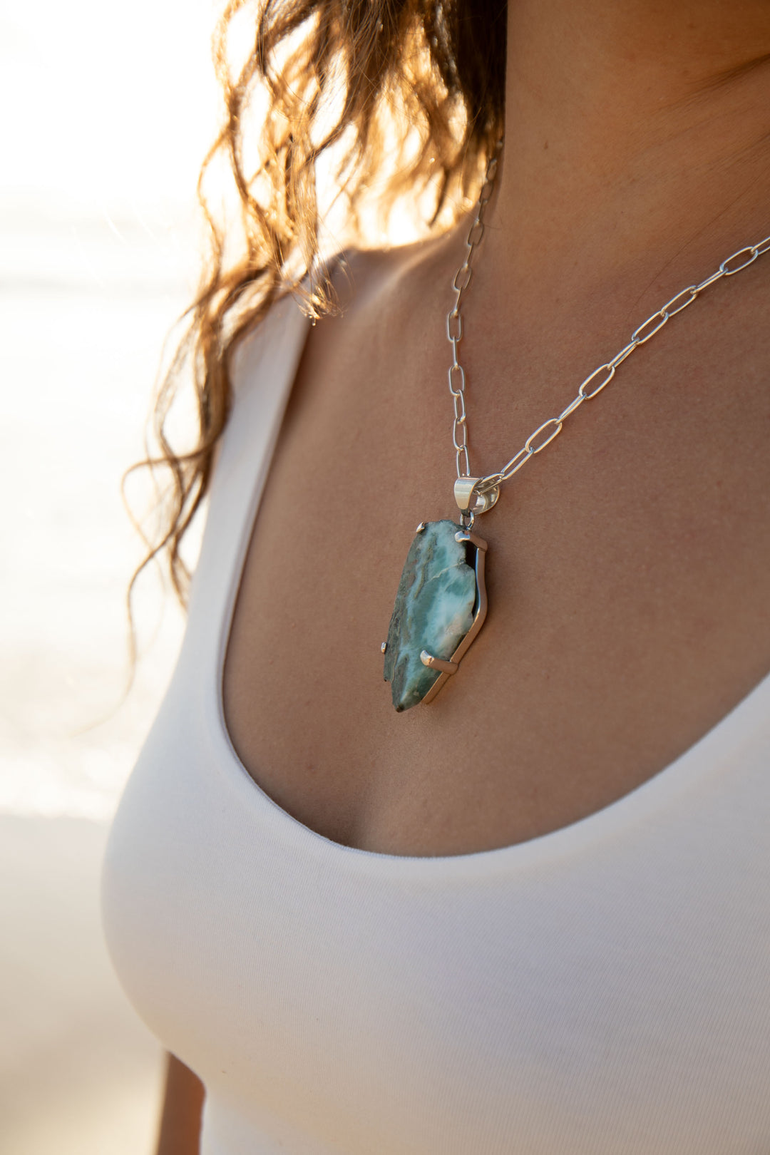 Statement Larimar Pendant in Claw Silver Setting