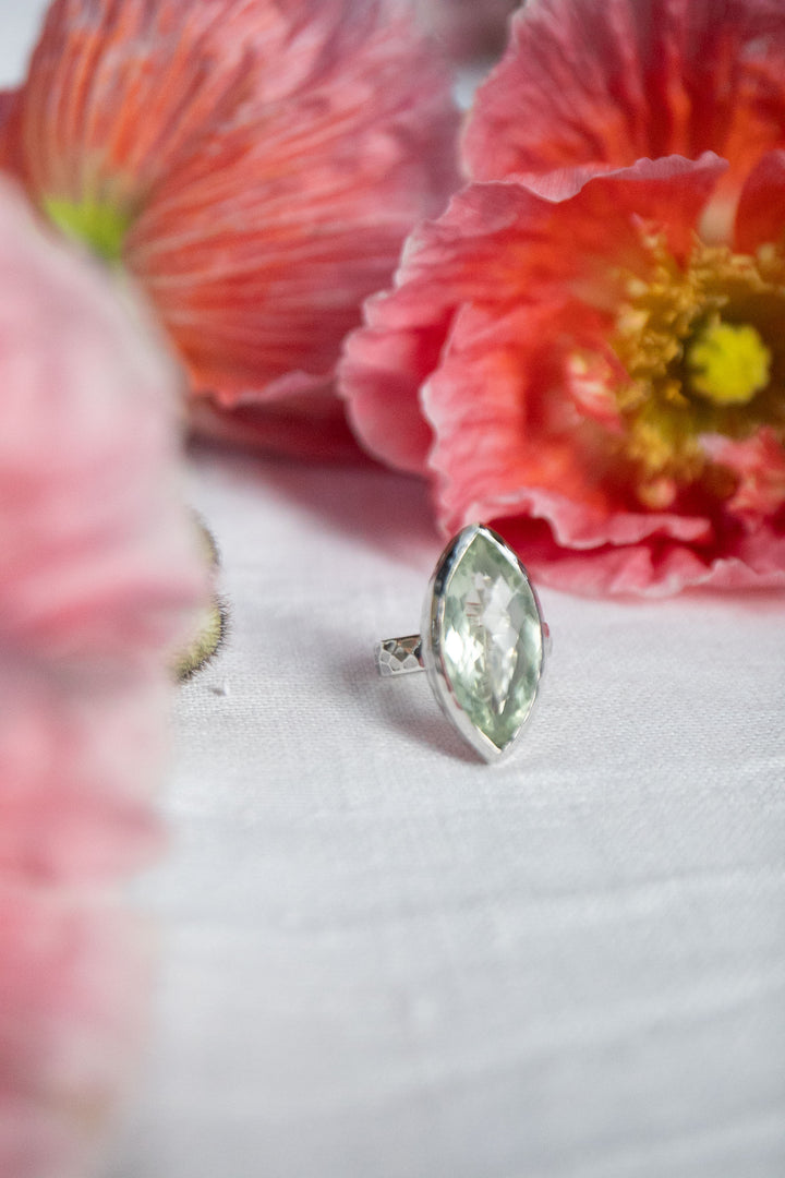 Faceted Ellipse Green Amethyst Ring in Sterling Silver Setting - Size 8.5 US