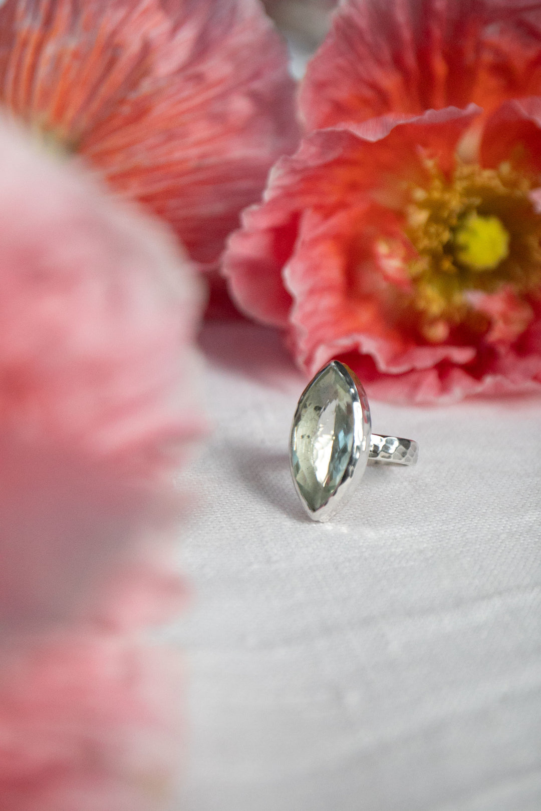 Faceted Ellipse Green Amethyst Ring in Sterling Silver Setting - Size 8.5 US