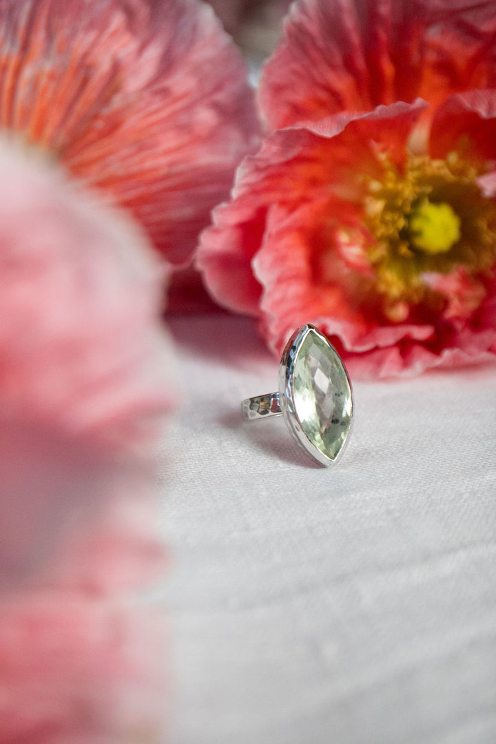 Faceted Ellipse Green Amethyst Ring in Sterling Silver Setting - Size 8.5 US