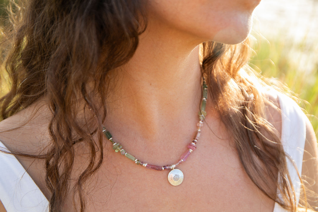 Watermelon Tourmaline Necklace Handmade with Thai Hill Tribe Silver