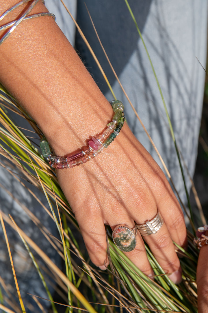 Handmade Watermelon Tourmaline Bracelet with Thai Hill Tribe Silver