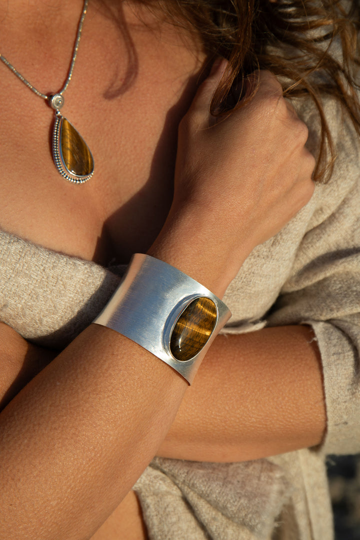 Statement Tigers Eye Bangle in Brushed Sterling Silver