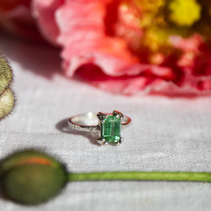 High Quality Green Verdelite Tourmaline Ring set in Claw Sterling Silver - Size 7.5 US