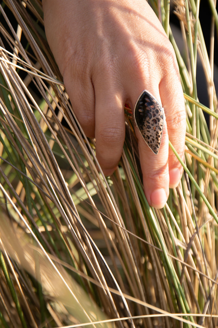 Palm Root Fossil Ring in Beaten Sterling Silver - Adjustable