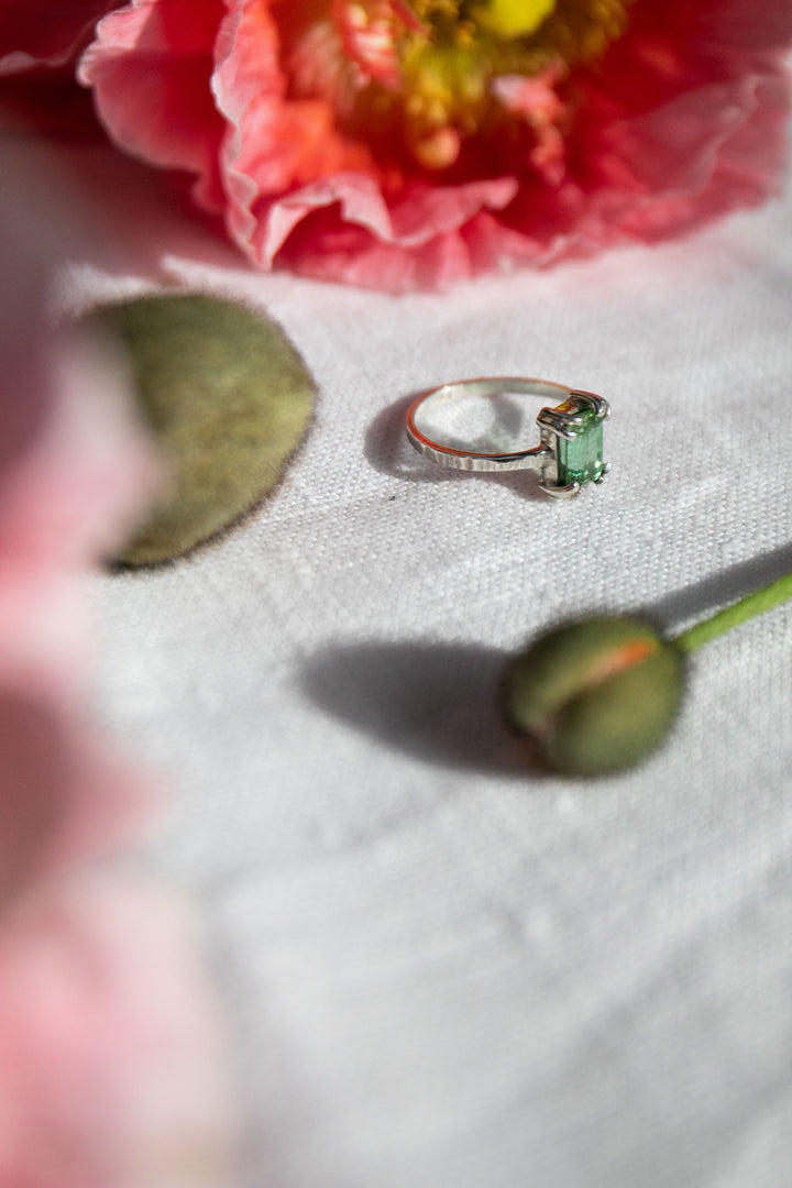 High Quality Green Verdelite Tourmaline Ring set in Claw Sterling Silver - Size 7.5 US