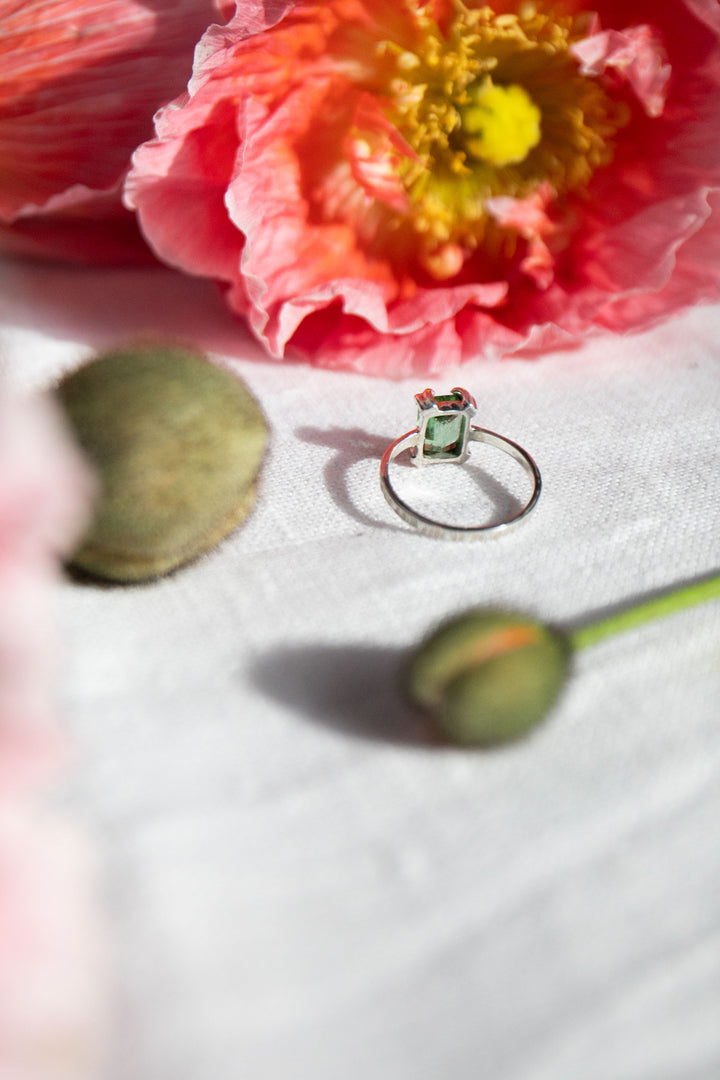 High Quality Green Verdelite Tourmaline Ring set in Claw Sterling Silver - Size 7.5 US