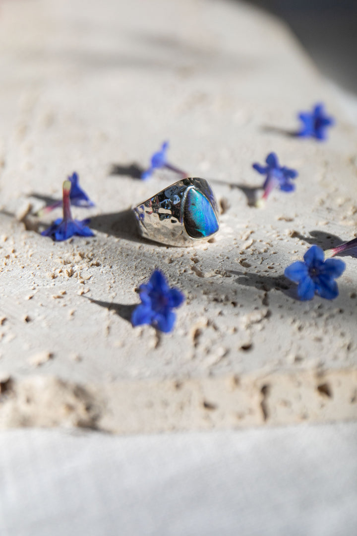 Australian Blue Opal Ring set in Beaten Sterling Silver Band - Size 8 US