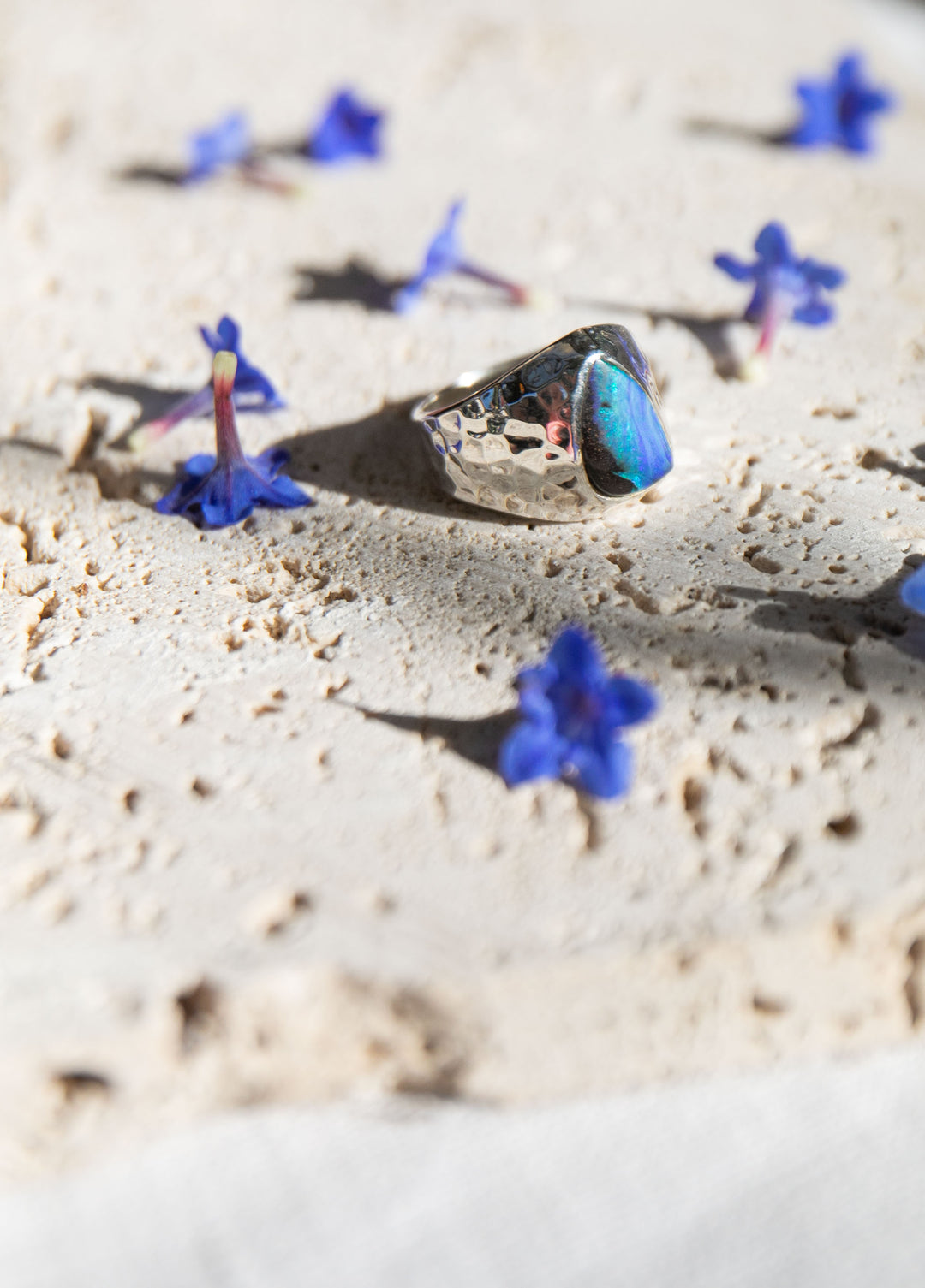 Australian Blue Opal Ring set in Beaten Sterling Silver Band - Size 8 US