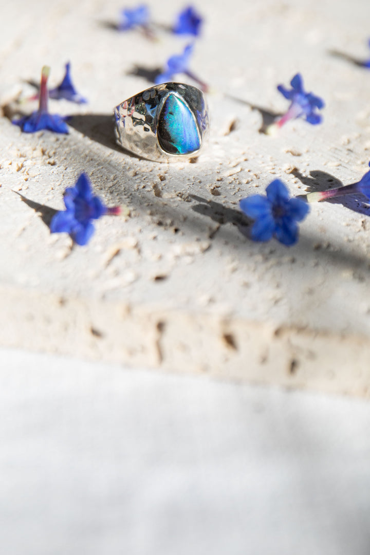 Australian Blue Opal Ring set in Beaten Sterling Silver Band - Size 8 US
