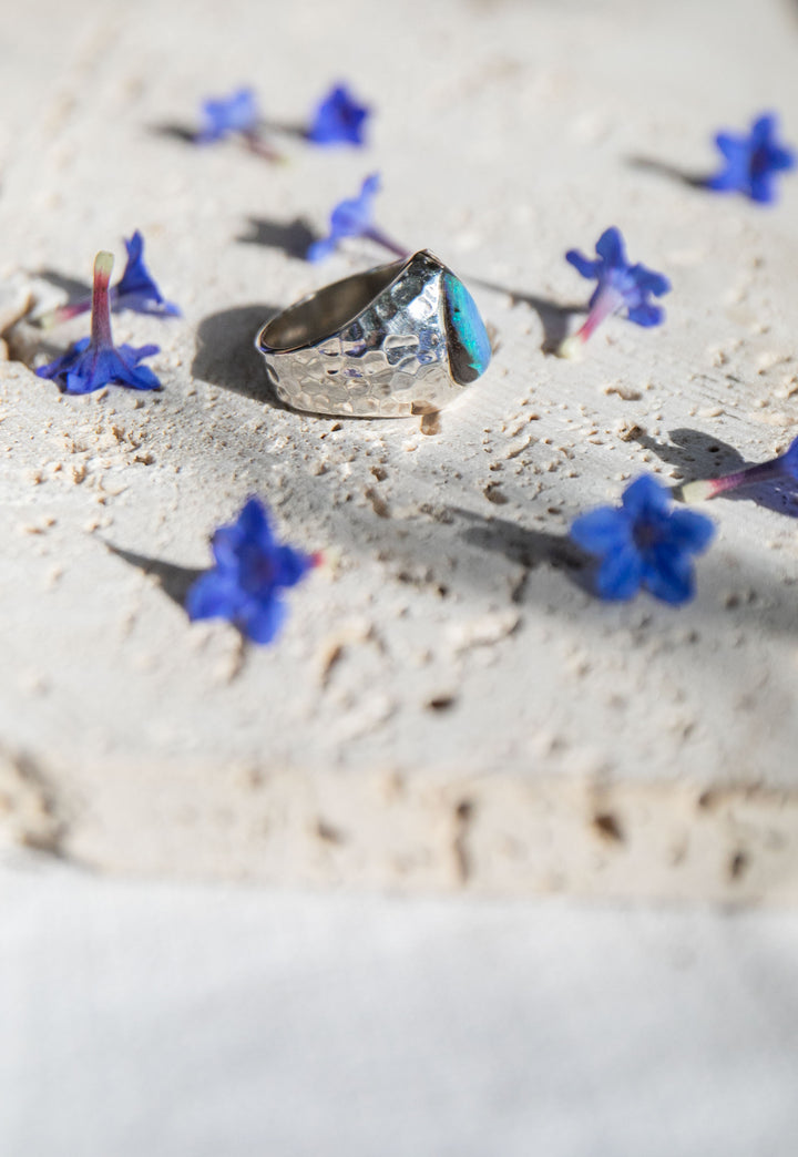 Australian Blue Opal Ring set in Beaten Sterling Silver Band - Size 8 US