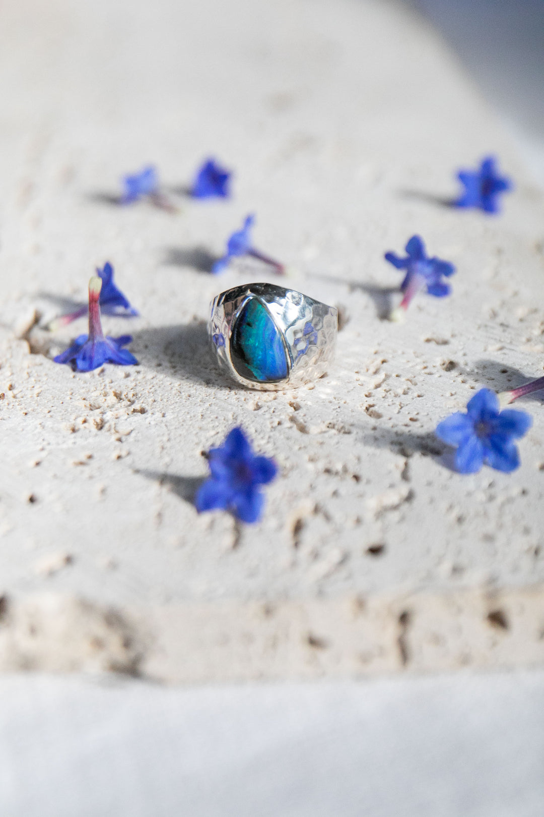 Australian Blue Opal Ring set in Beaten Sterling Silver Band - Size 8 US
