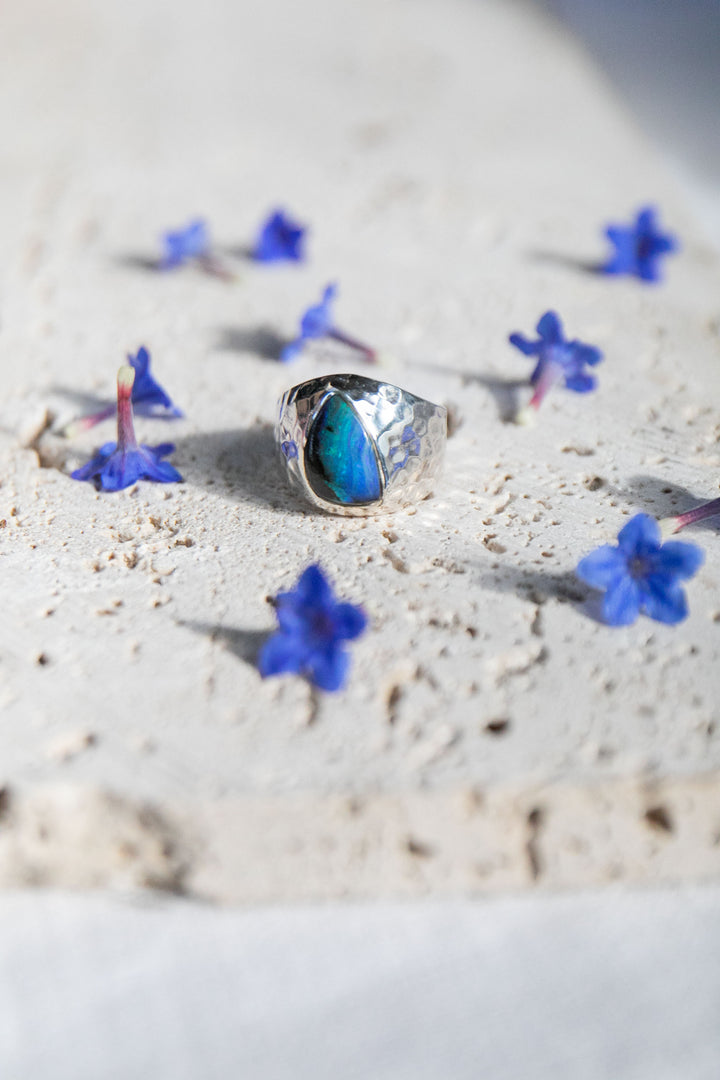 Australian Blue Opal Ring set in Beaten Sterling Silver Band - Size 8 US