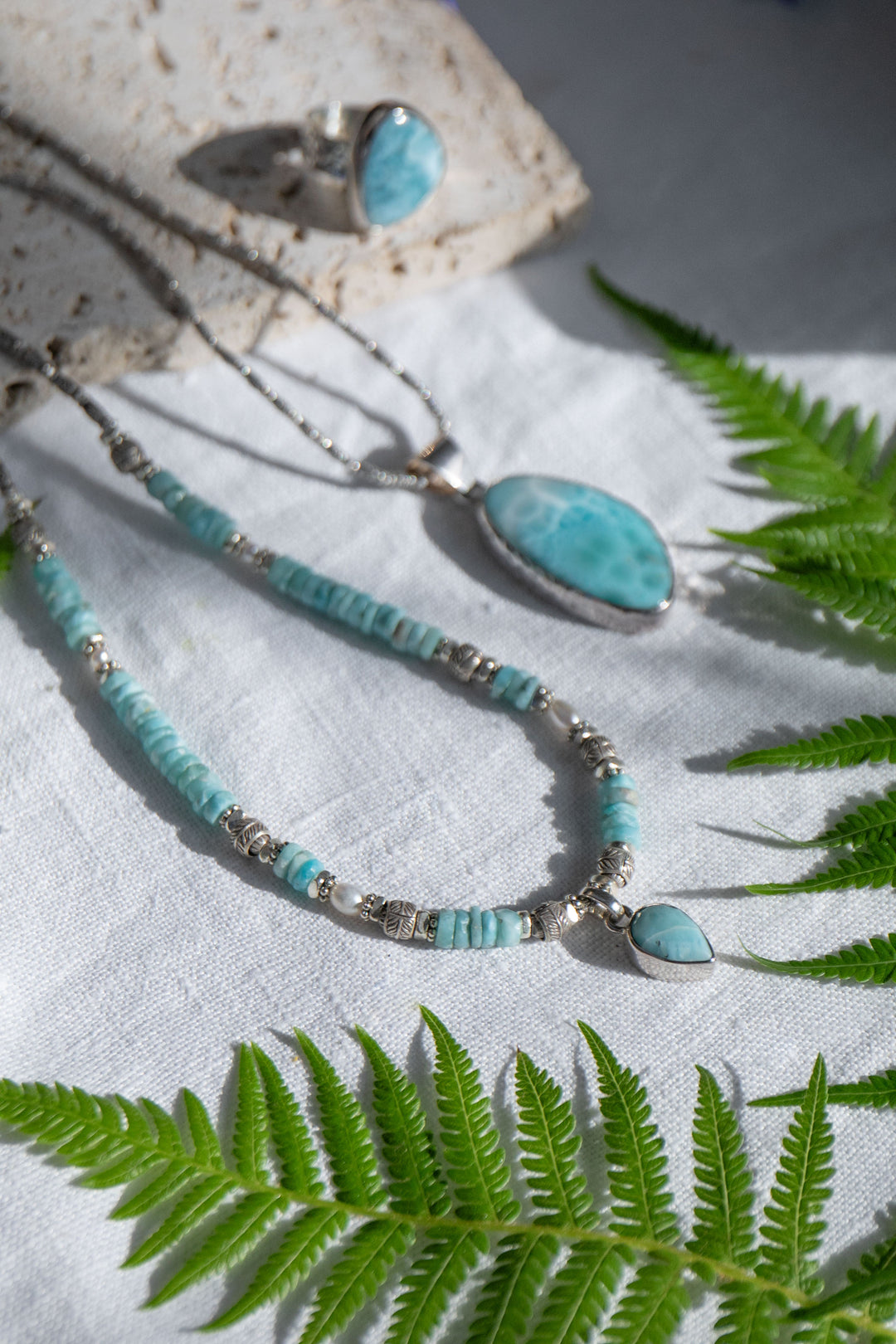 Beaded Larimar Short Necklace with Thai Hill Tribe Silver and Larimar Pendant