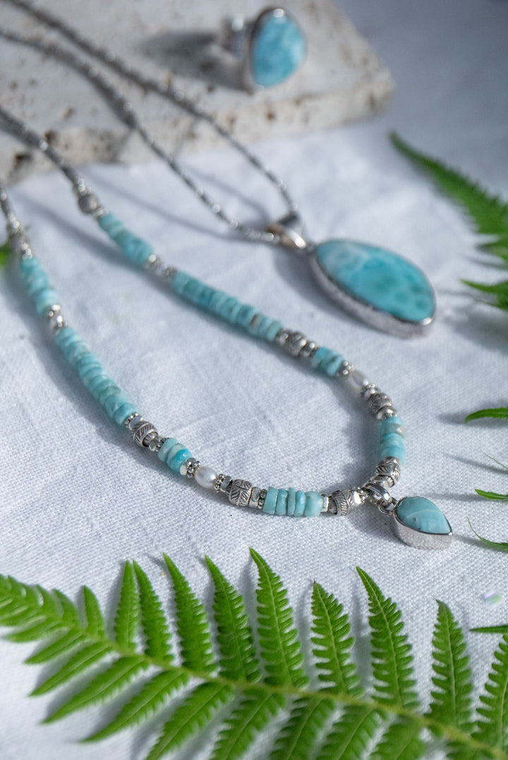 Beaded Larimar Short Necklace with Thai Hill Tribe Silver and Larimar Pendant