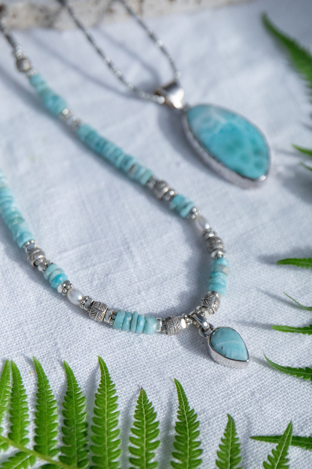 Beaded Larimar Short Necklace with Thai Hill Tribe Silver and Larimar Pendant