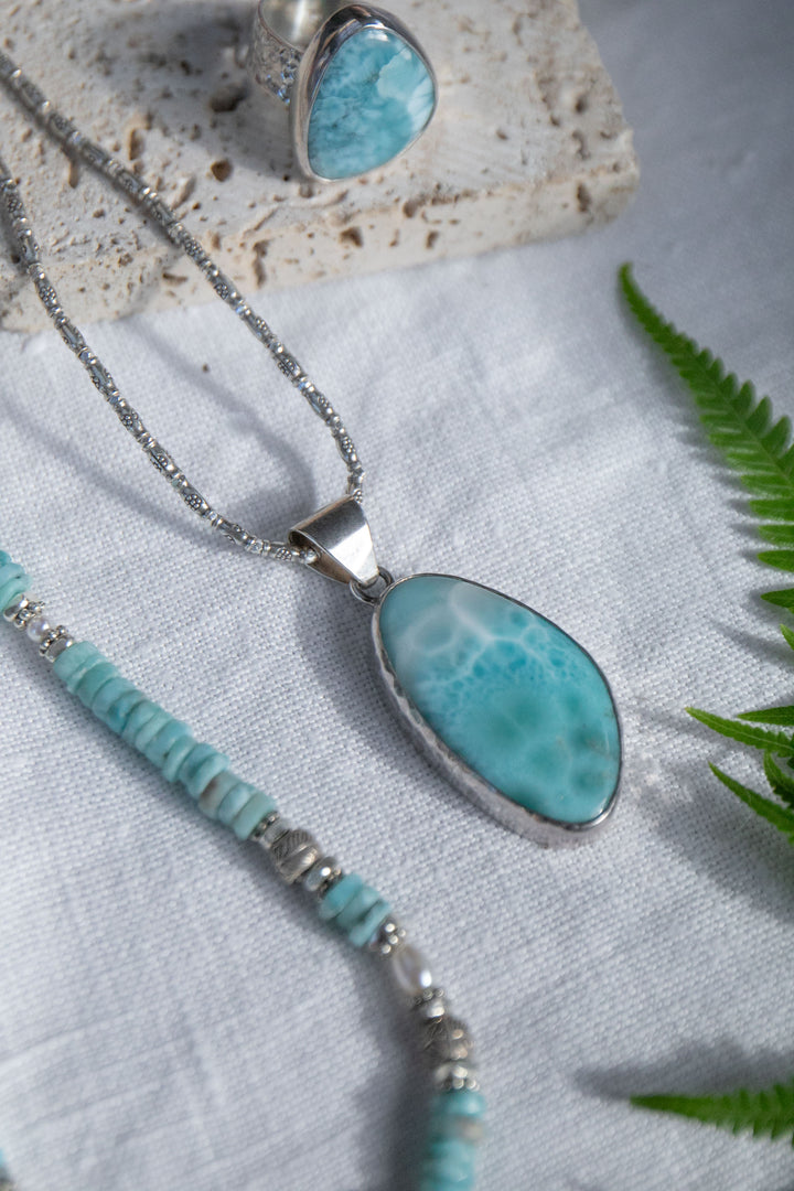 Larimar Pendant in Beaten Silver Setting