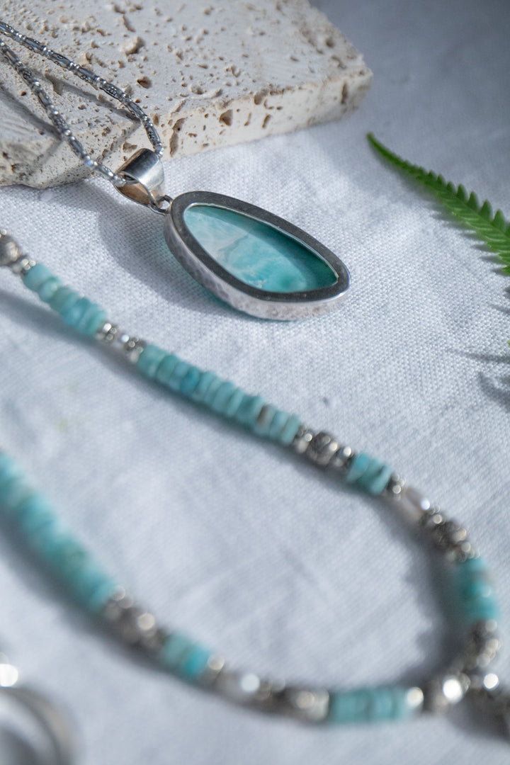 Beaded Larimar Short Necklace with Thai Hill Tribe Silver and Larimar Pendant