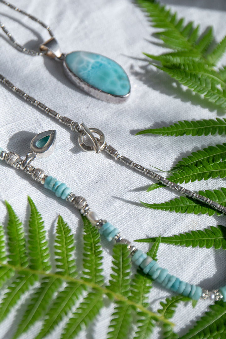 Beaded Larimar Short Necklace with Thai Hill Tribe Silver and Larimar Pendant