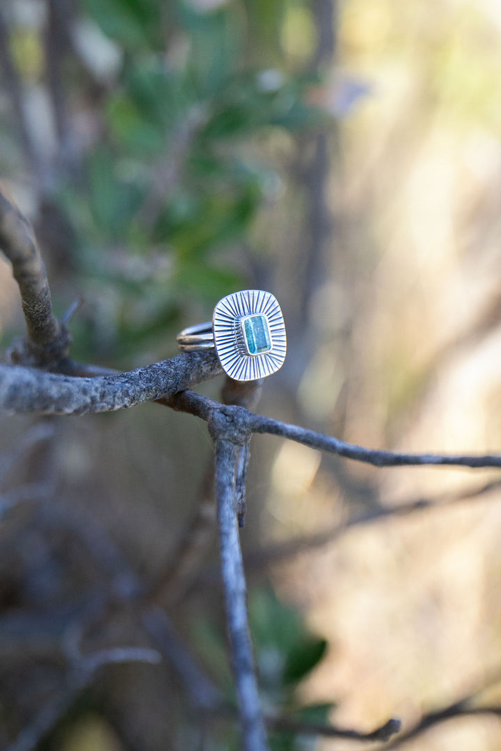 Blue Indicolite Tourmaline Ring in Sunburst Sterling Silver - Size 7 US